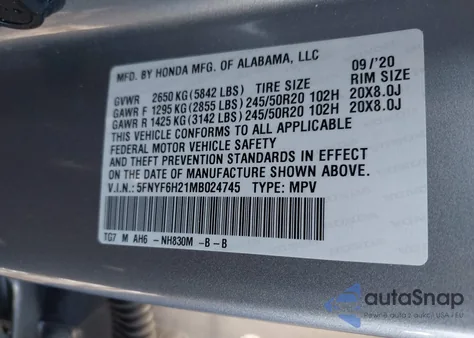 2021 Honda Pilot Awd Special Edition из США, поврежденный, VIN 5FNYF6H21MB024745